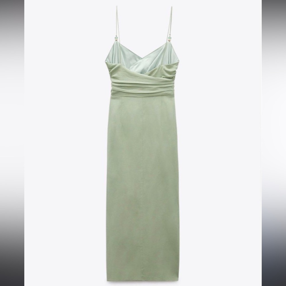 Zara Ruched Linen Blend Midi Dress Sea Green Size XS - Picture 3 of 11
